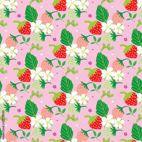Strawberry seamless pattern featuring berries, flowers, and leaves on a pink background. Cute botanical vector repeat for textile, fabric, wrapping paper, packaging, wallpaper, and surface design