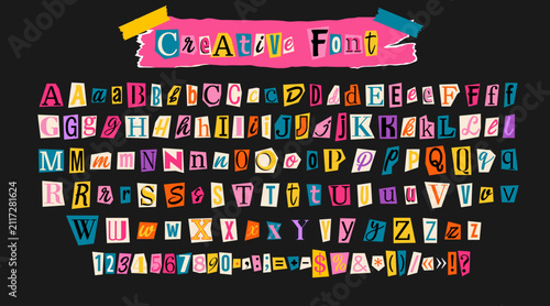 Colorful anonymous note alphabet with uppercase, lowercase letters, numbers and punctuation in magazine cutout style. Bright creative typography collection isolated on black background.