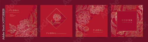 Elegant set of luxurious red backgrounds with golden lines of peony flowers and leaves. Floral frame. Vector templates for wedding invitation, greeting card, packaging, branding, design