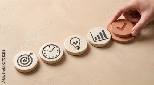 Strategic planning sequence concept with 3D ceramic icons showing a hand finalizing the project workflow with a success checkmark