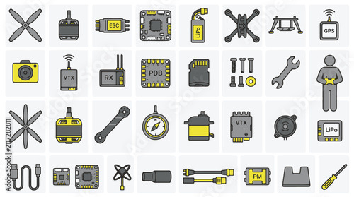 Drone Components Icon Set for Quadcopter Building and Repair Projects