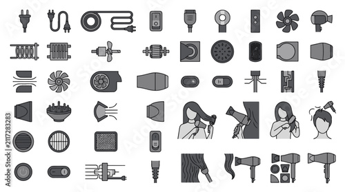 Hair Dryer Components and Usage Icons for Beauty and Personal Care Technology Collection