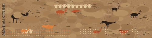 Prehistoric cave painting wall with ochre bison horses deer handprint stencils and dot rows on rock, paleolithic archaeology ultra wide banner vector
