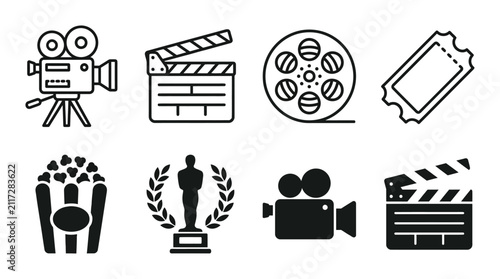 Cinema Icons Collection Black Line Art On White Background