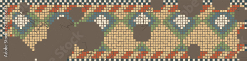 Ancient mosaic floor fragment with geometric tesserae pattern missing tiles exposed mortar and cracks, Roman Byzantine archaeology ultra wide banner vector