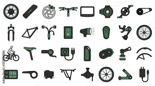 Electric Bike Components Set Icon Collection Displaying Various Bicycle Parts