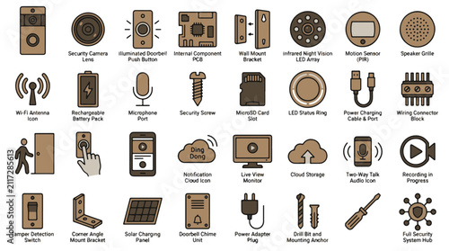 Security System Components Icons for Smart Home Devices and Installation Kit