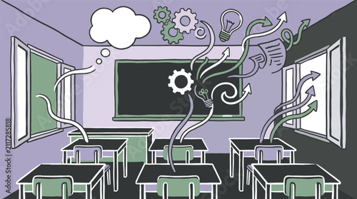 Conceptual vector illustration of an empty classroom with creative ideas and intellectual growth symbols flowing from desks for educational innovation and brainstorming concepts