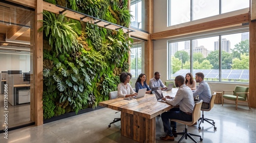 Modern eco friendly corporate office interior with creative workers meeting near a vertical living green wall