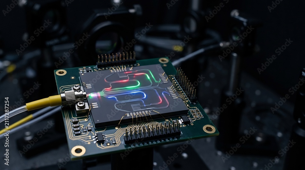 Fototapeta premium Close-up of a silicon photonics chip with colorful optical waveguides on a dark background