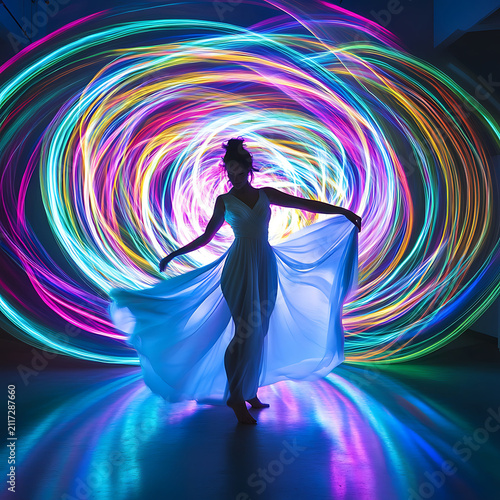 Woman Dancing in a Flowing Dress Surrounded by Colorful Light Painting Effects.