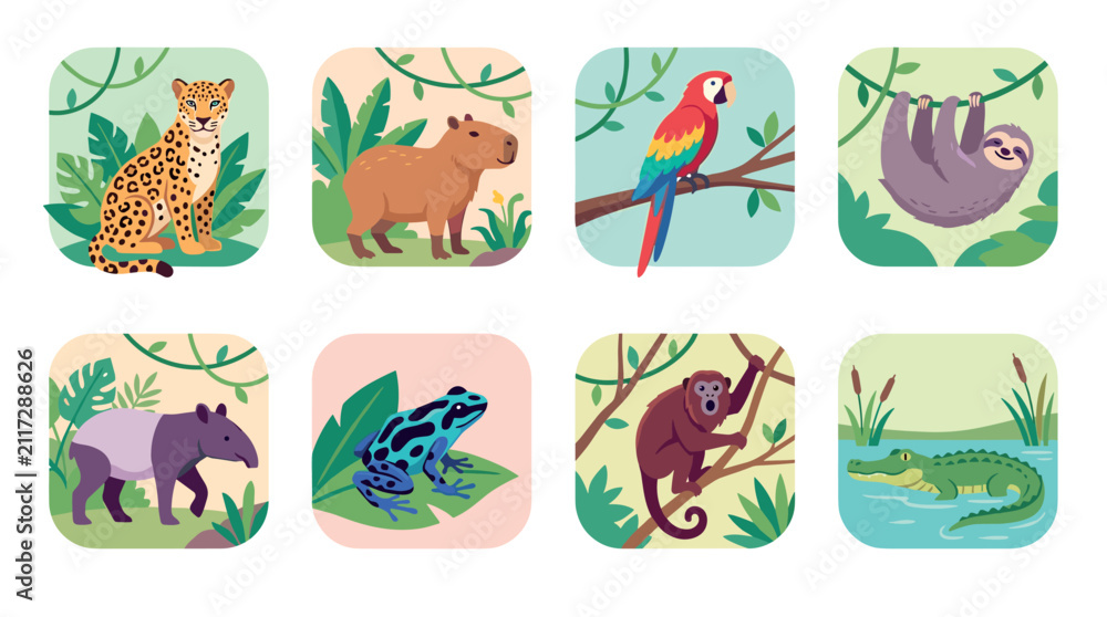 Fototapeta premium Amazon rainforest animals vector illustration collection featuring jaguar, capybara, macaw, sloth, tapir, frog, monkey, and alligator in their natural jungle habitats.