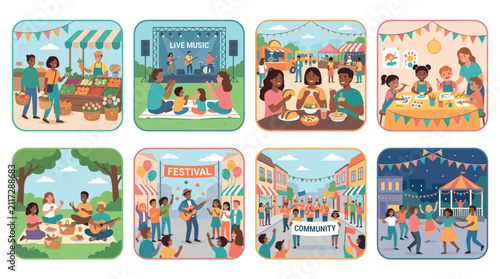 Diverse community events and activities collage illustration showcasing various outdoor gatherings, festivals, markets, and social interactions among happy people.