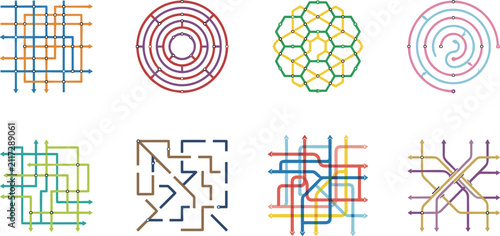 Konstfotografi Abstract Metro Map and Labyrinth Icon Set with Colorful Subway Lines, Geometric