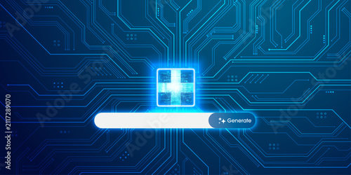 Foto Medical technology background with glowing cross icon search bar and electronic circuit