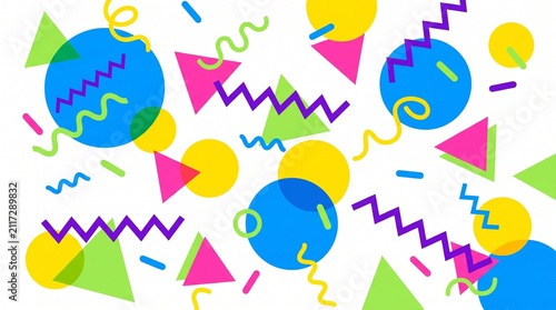 カラフルな幾何学図形と波線が散りばめられた80年代メンフィス調のポップな背景イラスト