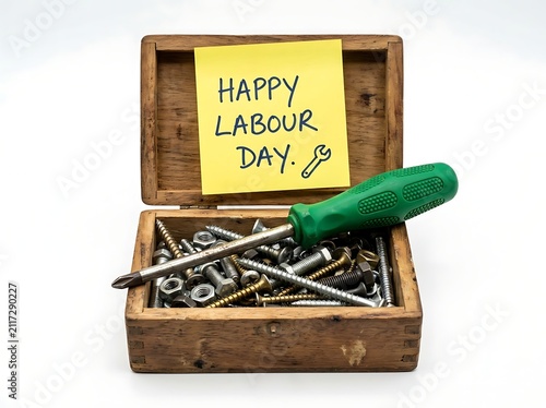 A wooden box filled with various metal screws and a green screwdriver with a yellow sticky note wishing a happy labour day greeting
