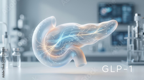 GLP 1 receptor activation concept with pancreas illustration showing neural network and medical research background in laboratory environment