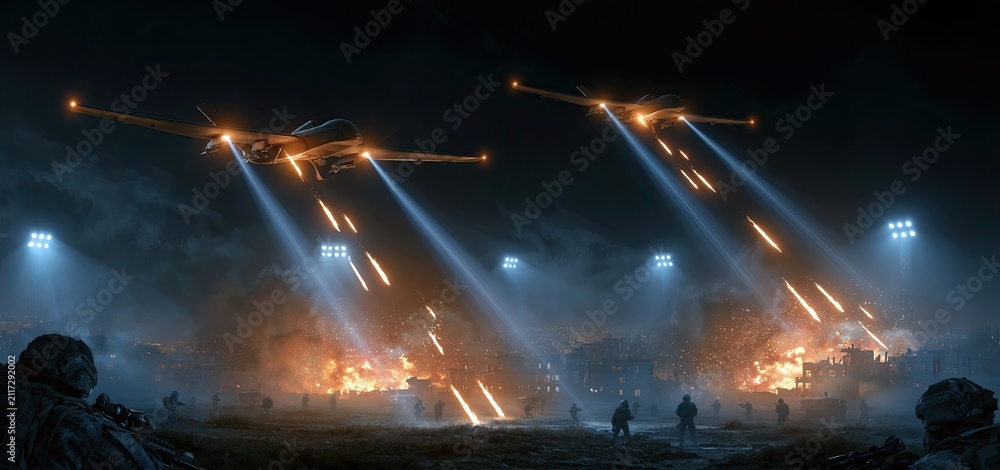 Obraz premium In a tense urban battlefield at night, military drones execute strikes amid bright floodlights and fiery blasts.