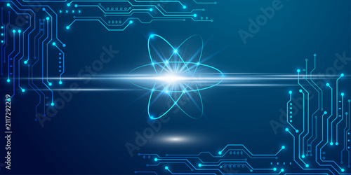 Fotografie Quantum computing concept with an atomic model in a circuit board background, representing advanced technology and scientific innovation