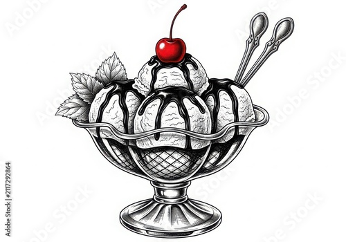 Cherry-topped ice cream dessert in a vintage bowl with spoons isolated on white background