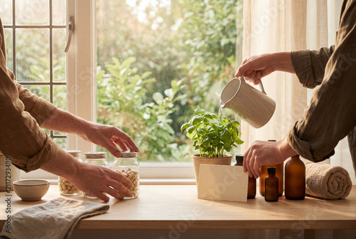 Holistic Health Practice Featuring Herbal Supplements And Botanical Elements On A Sunny Counter