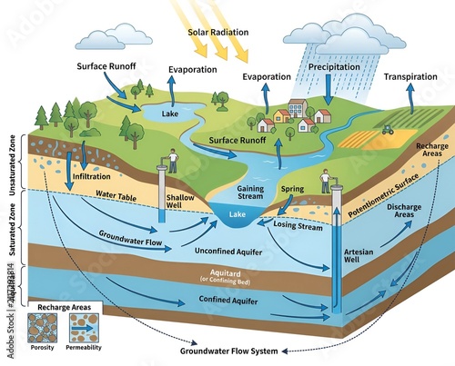 Comprehensive scientific illustration depicting Earth's intricate water cycle and groundwater flow system, detailing aquifers and essential hydrologic processes