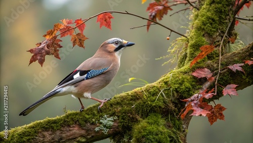 фотографія Eurasian jay bird perched on mossy branch in autumn