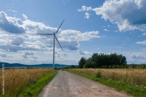 Wind turbine in the middle of agricultural fields in Poland
