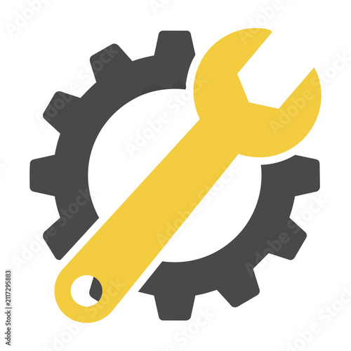 Stylized plumber wrench interlocking with a gear cogwheel in flat colors on white background, industrial repair and maintenance concept