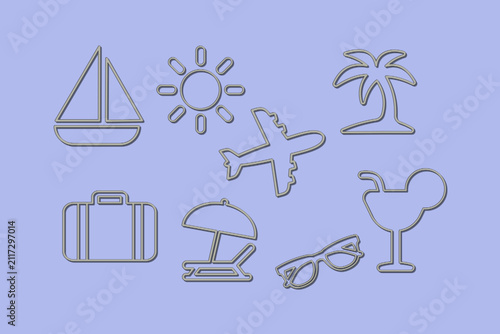 Design showing travel symbols with a sailboat, sun, palm tree, airplane, luggage, beach chair, sunglasses, and drink on a light background
