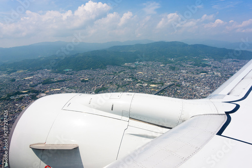 Aerial view of Fukuoka City before landing at Fukuoka Airport, Japan