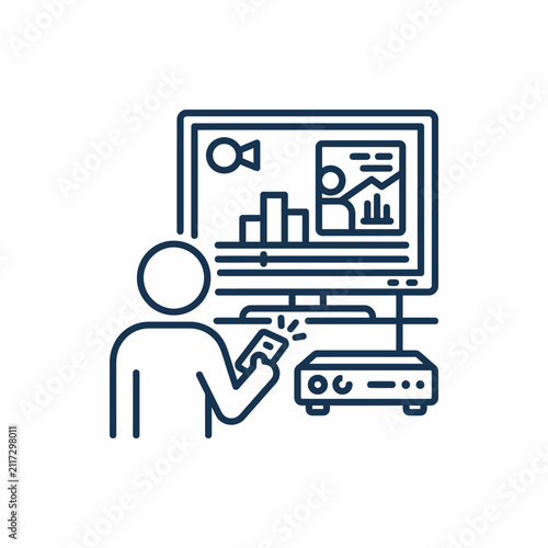 Icon showing a person using a remote control for home media entertainment.