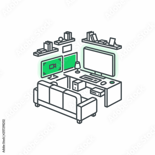 Isometric illustration of a modern home office workspace with a gaming setup.