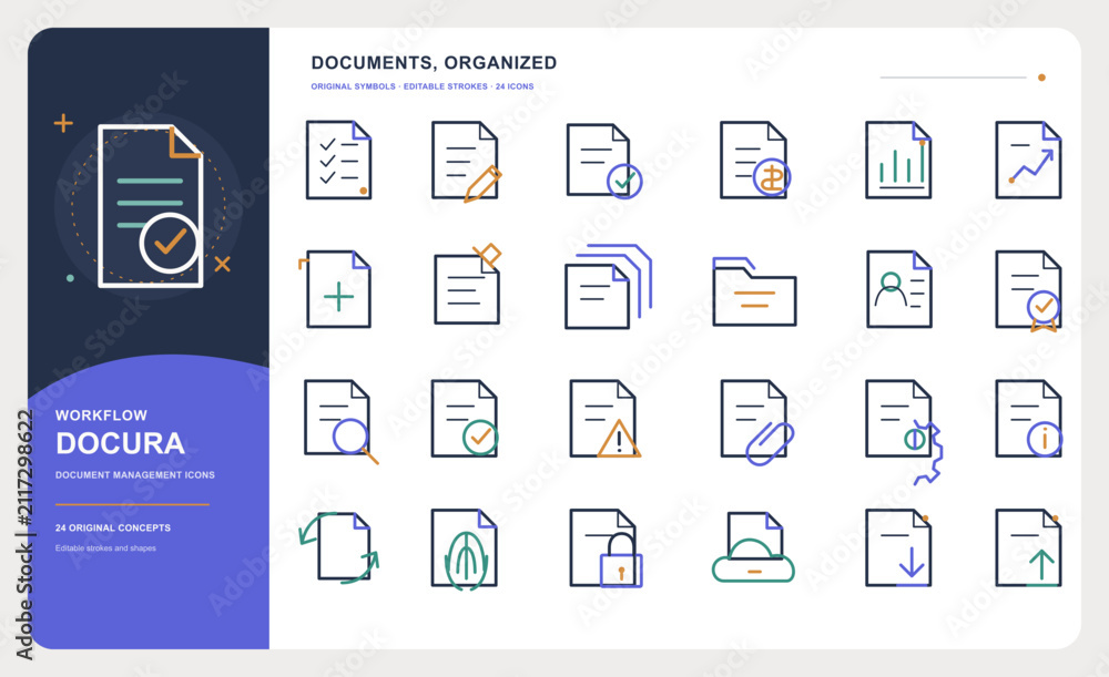 Fototapeta premium Premium Document Management and Digital File Outline Icon Set with 24 Editable Vector Symbols
