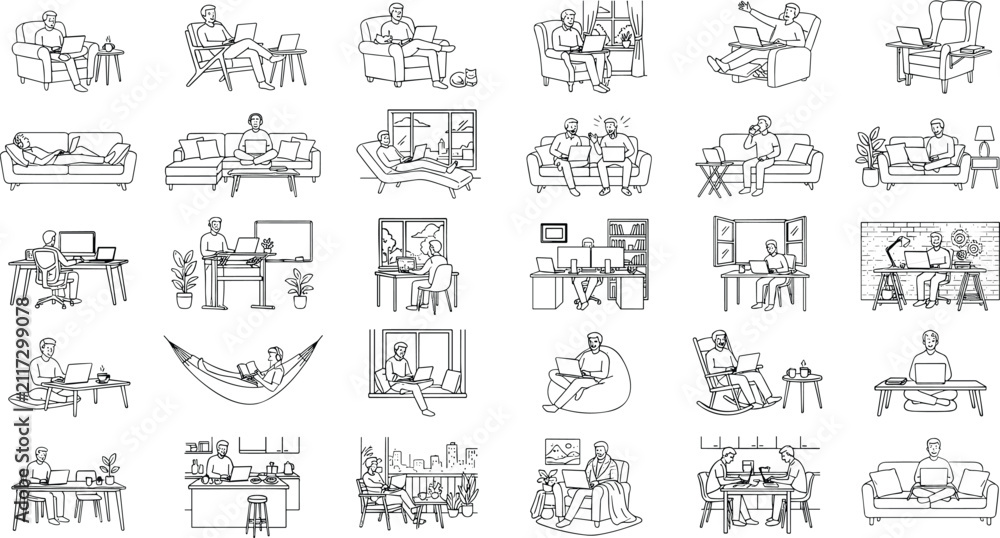 Obraz premium Remote work line art illustration set man working on laptop desk sofa hammock balcony vector collection.