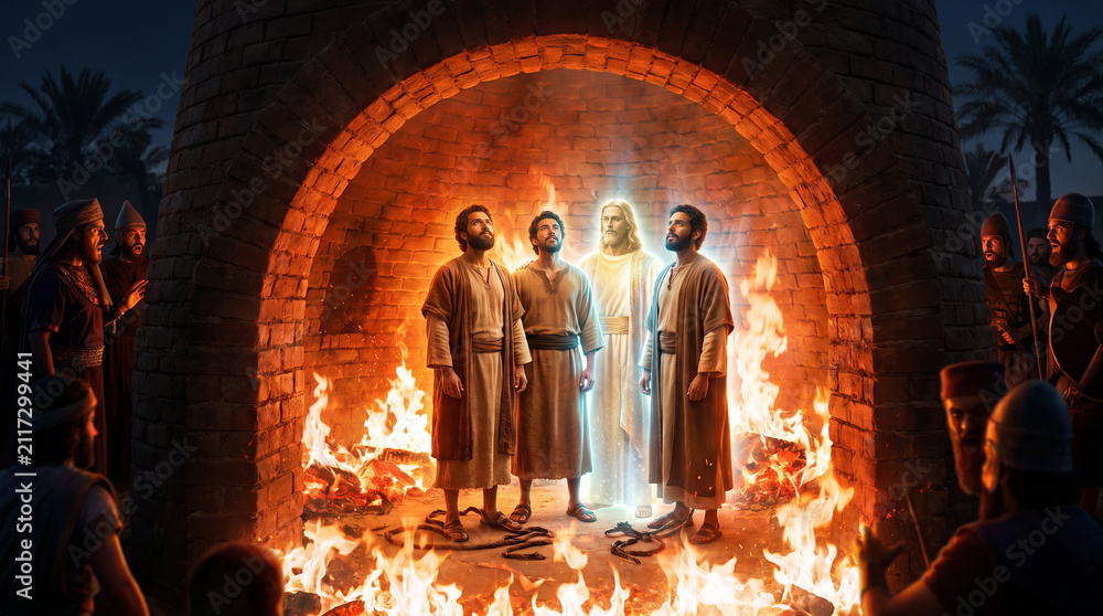 Obraz premium Shadrach, Meshach, and Abednego stand unharmed in the fiery furnace with a divine figure beside them