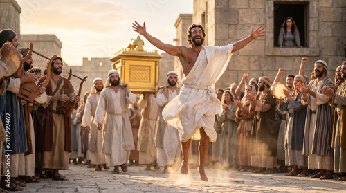King David dances before the Ark of the Covenant in a joyful sacred procession through Jerusalem