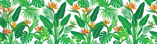 Cuadro en lienzo Tropical Jungle Leaves and Flowers Seamless Pattern
