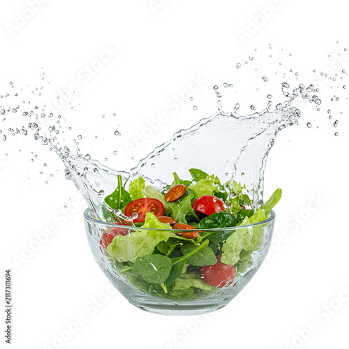 Fresh Salad Splash: A vibrant salad, bursting with fresh greens, cherry tomatoes, and almonds, is captured mid-splash in a clear glass bowl, with water dramatically arcing over the ingredients.
