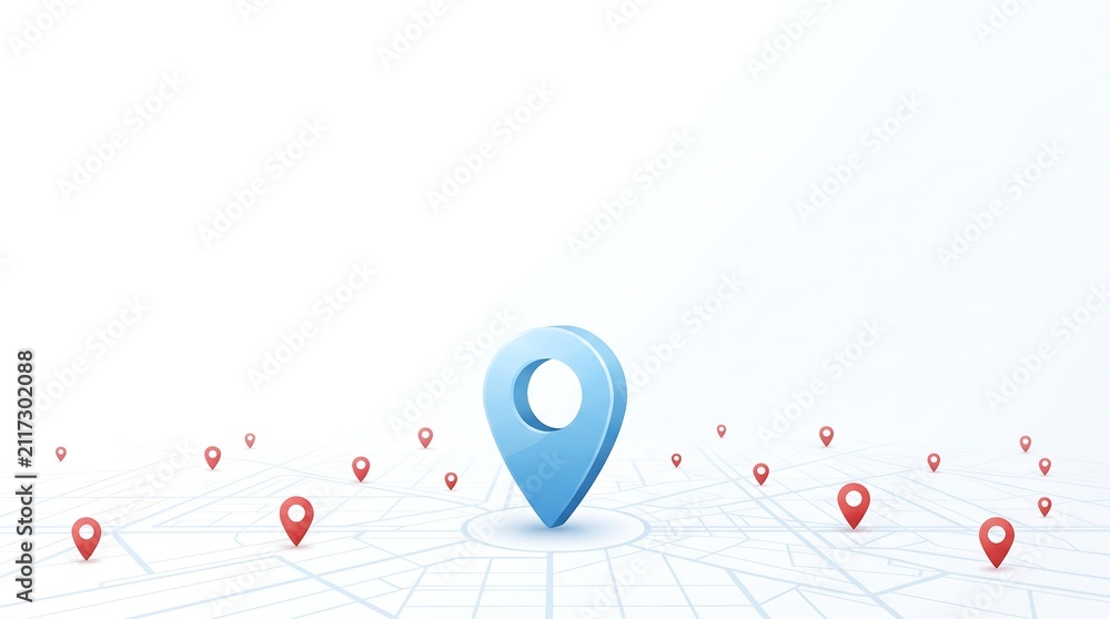 Fototapeta premium Interactive map interface featuring central blue location pin and multiple red markers on light grid background for location services and logistics planning visual representation