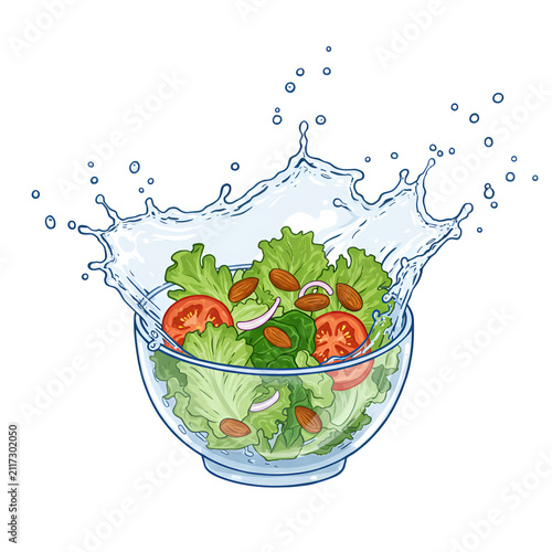 Fresh Salad Splash: A vibrant salad of crisp lettuce, juicy tomatoes, and crunchy almonds is caught mid-splash as water cascades over the clear glass bowl.