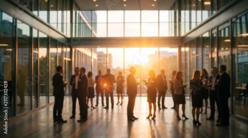 Professional networking reception in modern glass office building during golden hour sunset silhouettes of business people communicating in upscale corporate environment