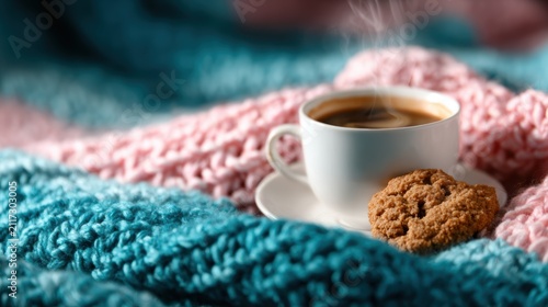 A steaming cup of coffee paired with a cookie creates a heartwarming scene on a cozy blanket, evoking feelings of comfort and relaxation.