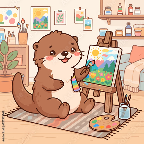 A cute cartoon otter painting a colorful landscape on a canvas in an art studio.