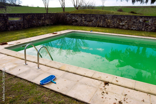 Quadro su tela Starting the spring clean up of dead leaves and green algae in a swimming pool neglected over the winter