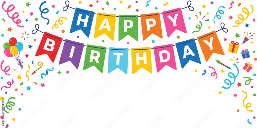 Fototapeta premium Happy Birthday bunting banner with confetti. Colorful party flags for celebration decor.