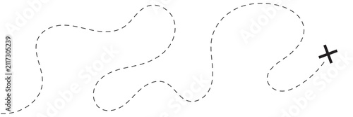 Картината върху платно Black dashed line travel route path with cross mark location pin vector illustra