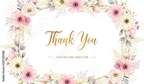 Watercolor flower wreath thank you card design