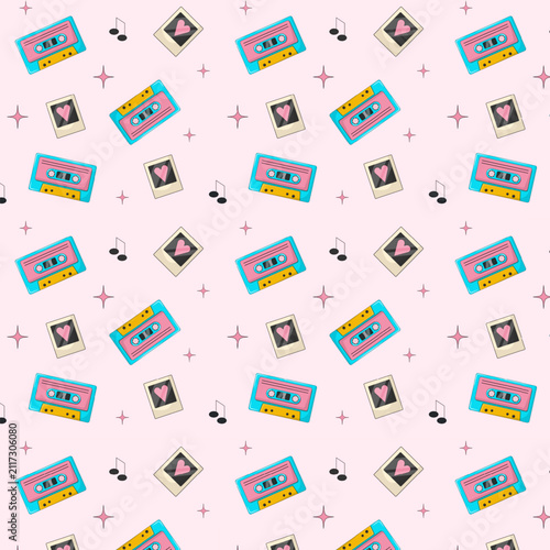 Seamless pattern with retro audio cassettes, polaroid photo frames, music notes and sparkles in 80s 90s style on pink background. Vector background in Y2K aesthetic